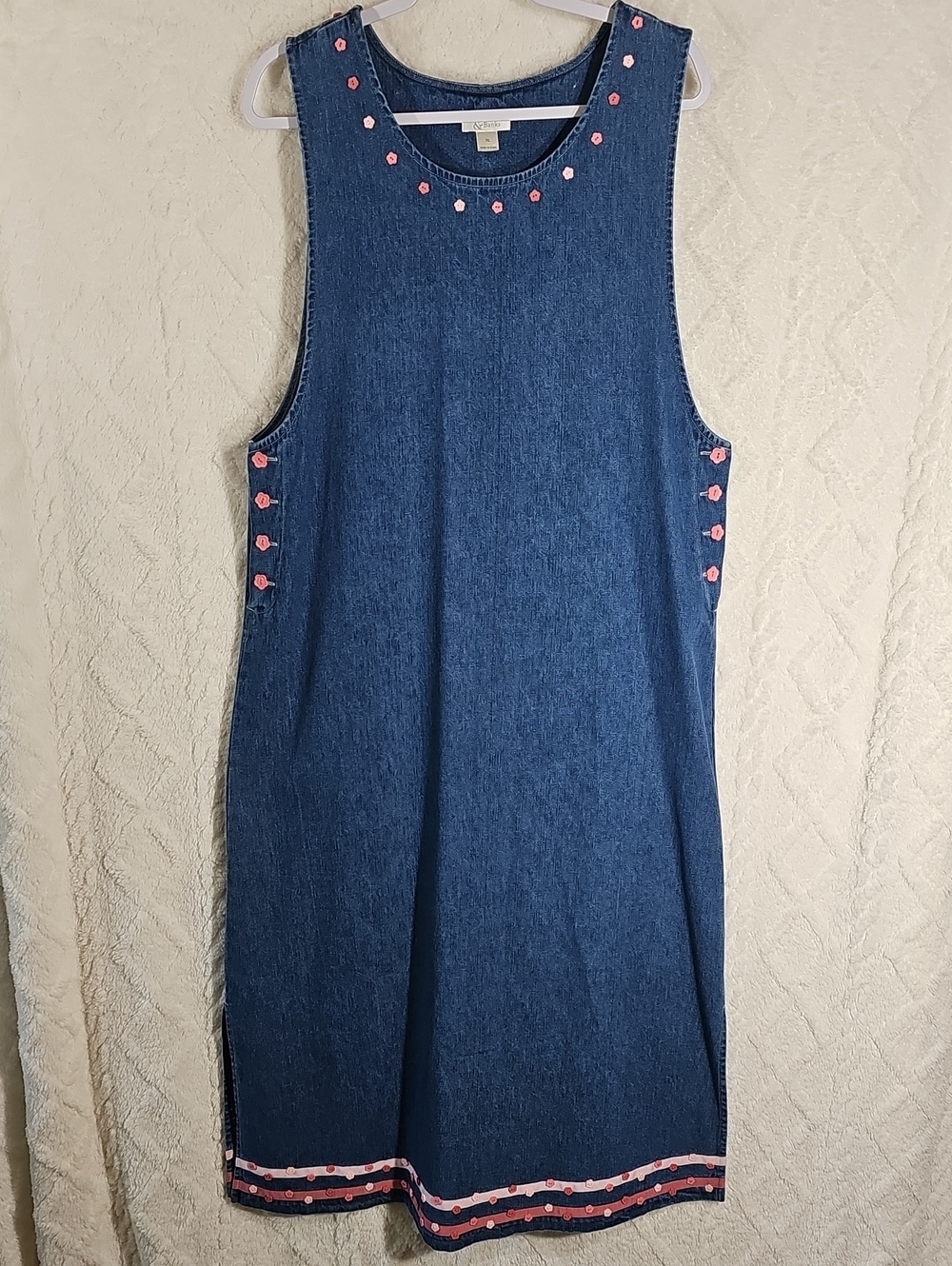 CJ Banks Denim Jumper Dress * Pink Hearts * Ribboned Hem * Maxi * Size XL * Y2K